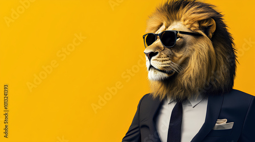 Stylish lion in suit and sunglasses on yellow background  photo