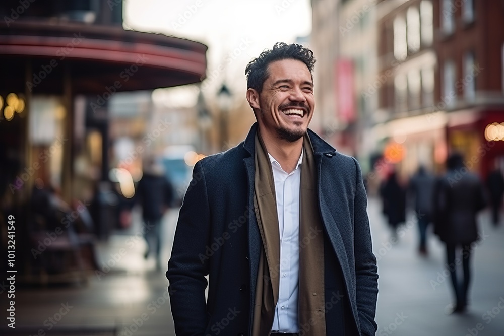 Portrait of a handsome young man laughing and walking in the city Portrait of a handsome young man laughing and walking in the city