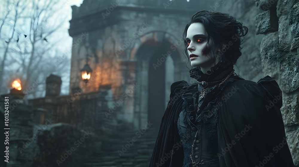 A dramatic portrait of a vampire in a gothic A dramatic portrait of a vampire in a gothic