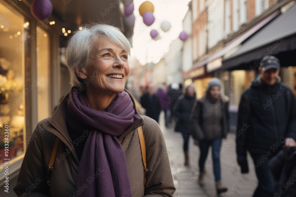 Portrait of smiling senior woman walking in the city street. She is wearing a purple scarf. Portrait of smiling senior woman walking in the city street. She is wearing a purple scarf.