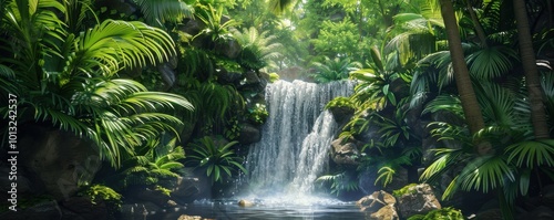 Cascading waterfall surrounded by lush tropical vegetation, 4K hyperrealistic photo