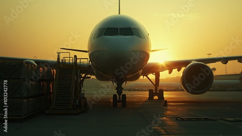 Airplane at sunset in airport terminal