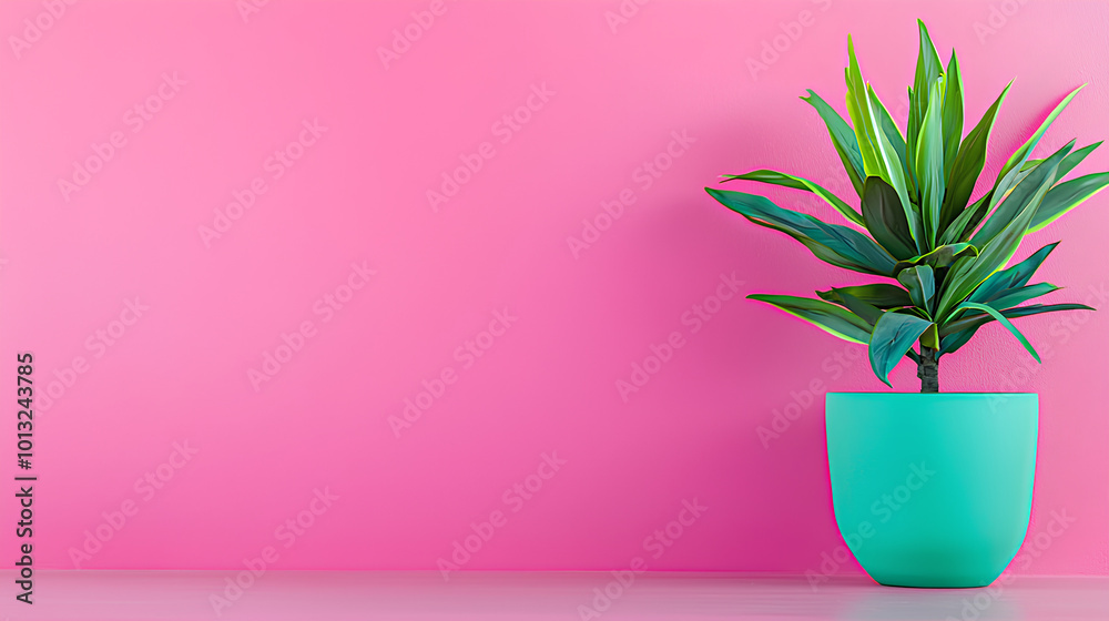 Green plant in a blue pot sits on a pink wall Green plant in a blue pot sits on a pink wall