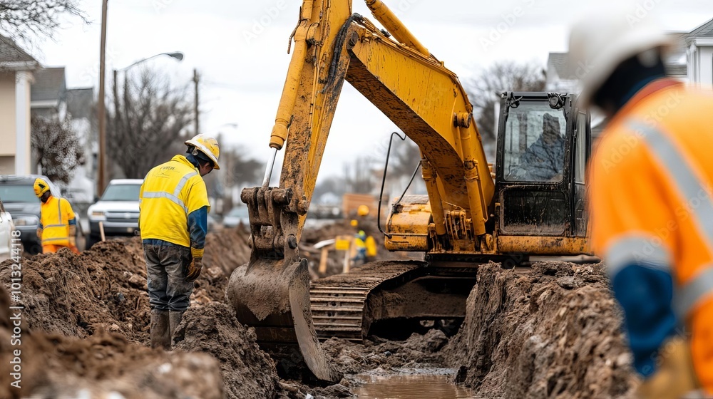 Fototapeta premium Construction crews rebuilding damaged infrastructure post-flood, Flood Reconstruction, Urban recovery