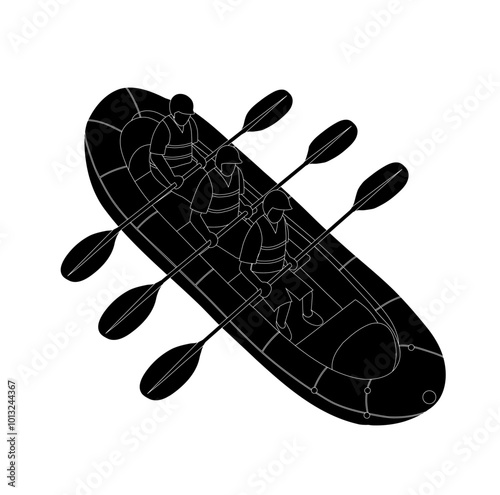 Vector black silhouette of rafting top view isolated from background. Monochrome clip art of active sport lifestyle. Summer water sport hobby for icon and your design
