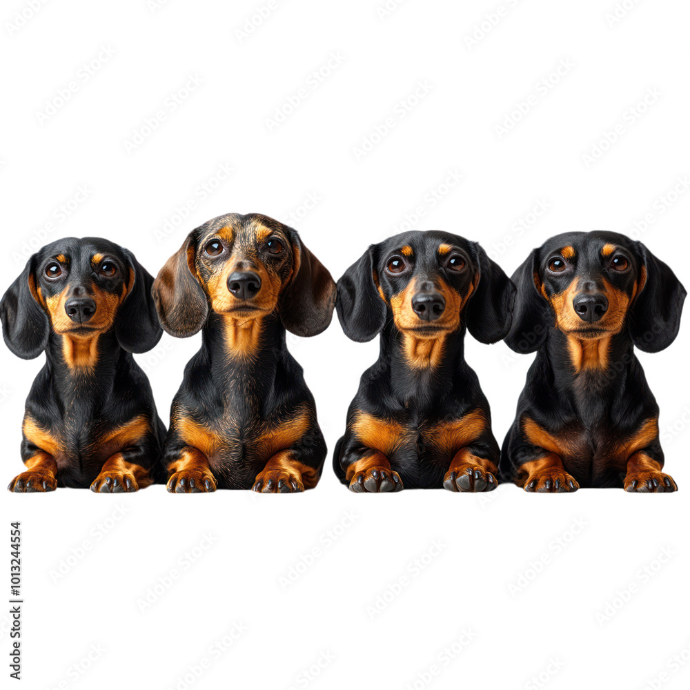 Four Dachshunds Looking at Camera Isolated on Transparent Background Four Dachshunds Looking at Camera Isolated on Transparent Background