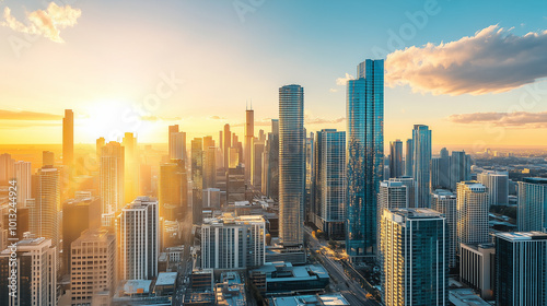 Aerial View of City Skyline with Skyscrapers and Buildings