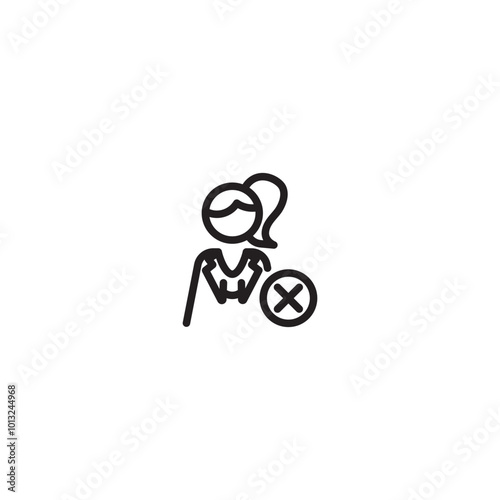 User icon. Woman with cross icon. Female user removed. Delete woman icon. Remove female contact. Woman icon.