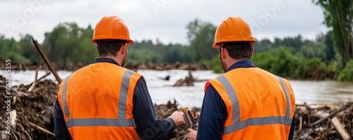 Engineers inspecting damage to levees after a flood, Flood Infrastructure, Critical assessments photo