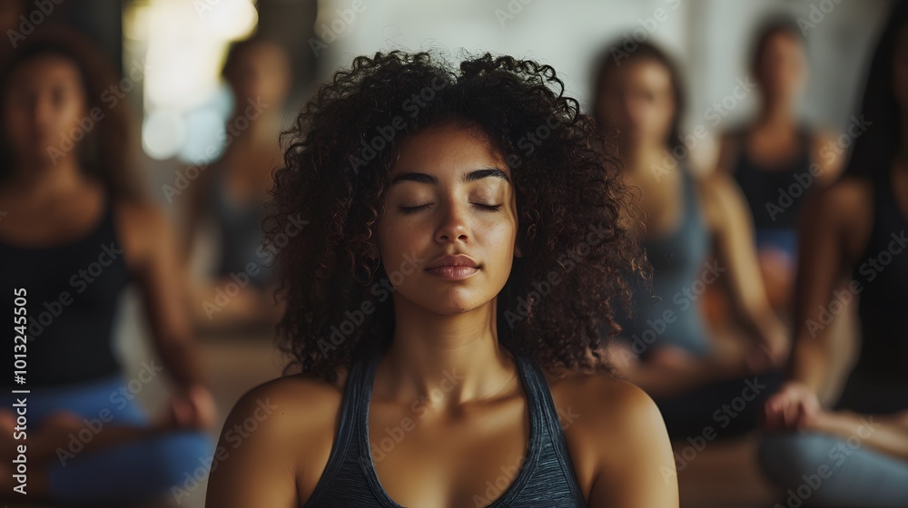 woman with curly hair meditating in a dark room