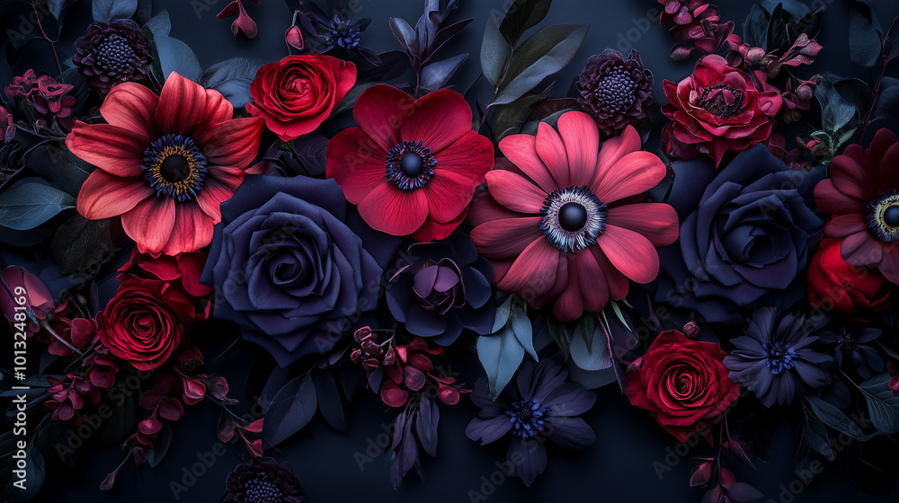 Elegant Red and Purple Floral Bouquet With Roses Anemones and Green Foliage