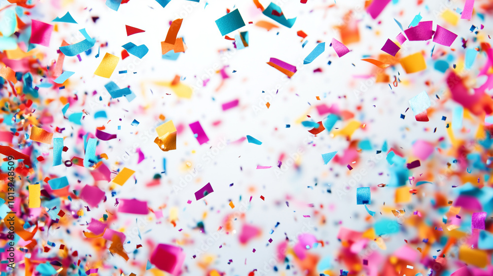 Obraz premium Confetti Shower with Multicolored Pieces Falling in Focus