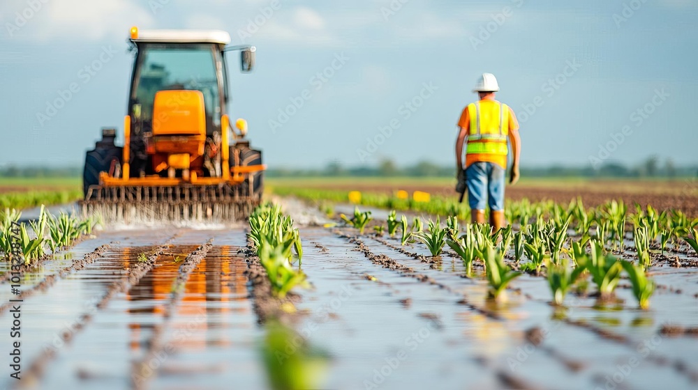 Flooded farm fields with broken irrigation systems being repaired, Flood Agriculture Recovery, Farming recovery efforts Flooded farm fields with broken irrigation systems being repaired, Flood Agriculture Recovery, Farming recovery efforts