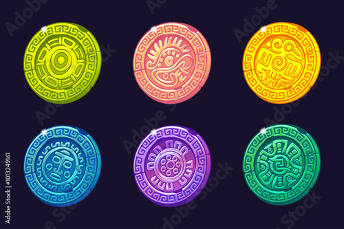 Set of colored coins with ornament and symbols of ancient Aztec Civilization, colored hieroglyphs of the Maya calendar for the development 2D Games and Casino or Slots.