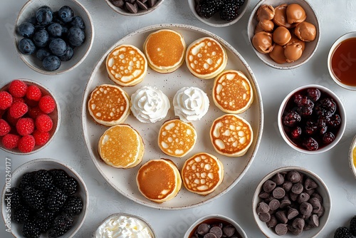  Playful flat lay of mini pancakes neatly arranged on a plate, surrounded by bowls of syrup, whipped cream, fresh berries, and chocolate chips.