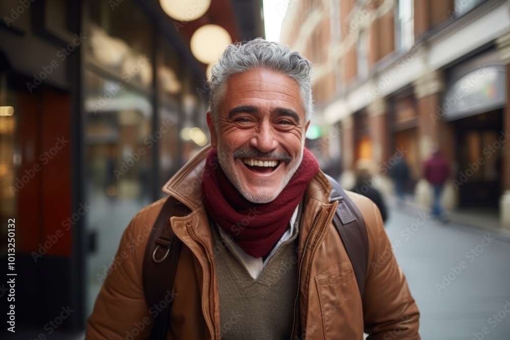 Portrait of happy senior man smiling in the city. He is wearing a brown jacket and red scarf. Portrait of happy senior man smiling in the city. He is wearing a brown jacket and red scarf.