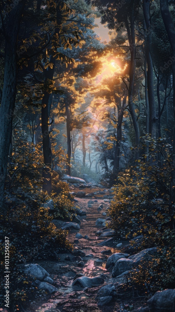Obraz premium Sacred woodland sanctuary at twilight, 4K hyperrealistic photo