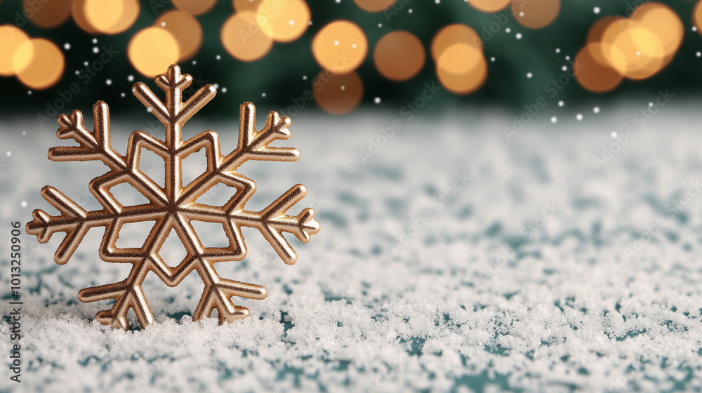 Golden snowflake decoration in snow with bokeh lights in background
Golden snowflake decoration in snow with bokeh lights in background
