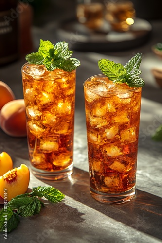 Two glasses of iced tea with mint leaves and peach slices on a table.