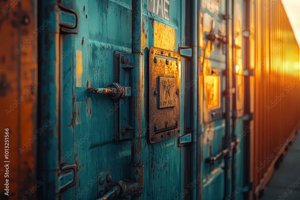 Row of metal shipping containers, illuminated by warm sunset light, creating contrast between blue and orange industrial surfaces. Row of metal shipping containers, illuminated by warm sunset light, creating contrast between blue and orange industrial surfaces.
