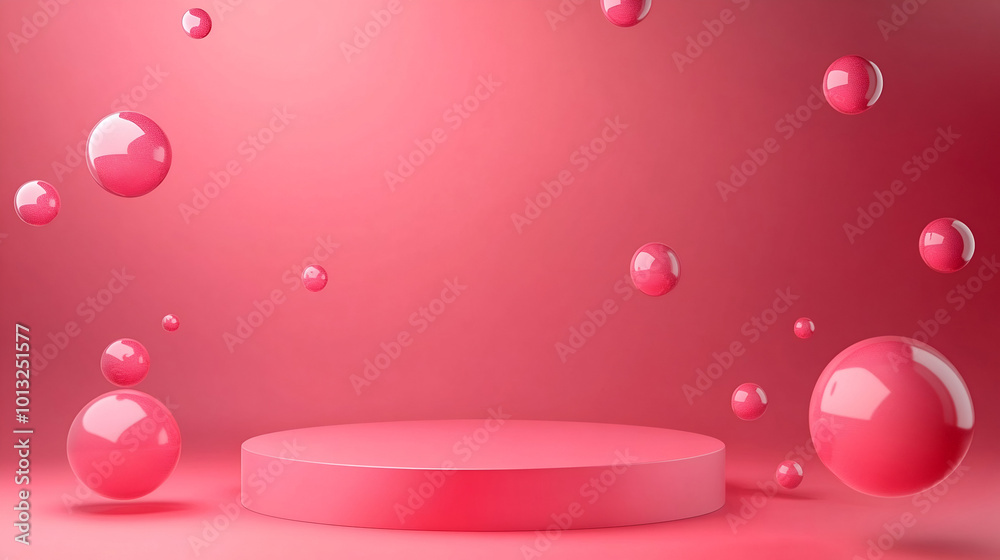Trendy empty scene with podium or platform, flying bubble geometric shapes on pink background, Minimal scene with geometrical forms for product presentation Trendy empty scene with podium or platform, flying bubble geometric shapes on pink background, Minimal scene with geometrical forms for product presentation