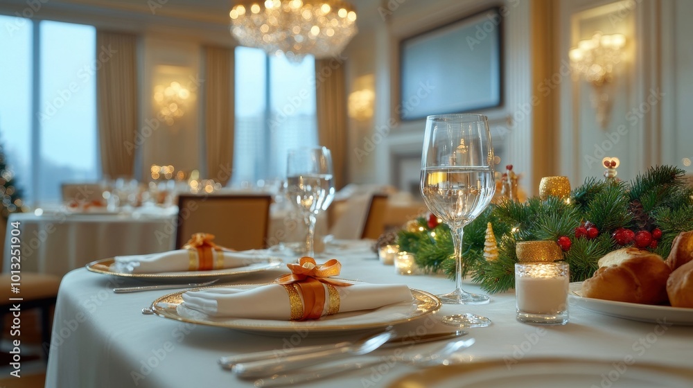 Elegant Christmas dining room, chandeliers and greenery Elegant Christmas dining room, chandeliers and greenery