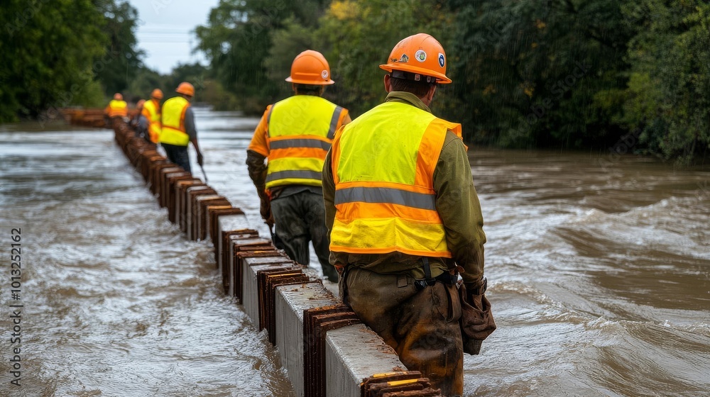 River Chain Defence Teams reinforcing riverbanks with concrete barriers post-flood, Flood ...