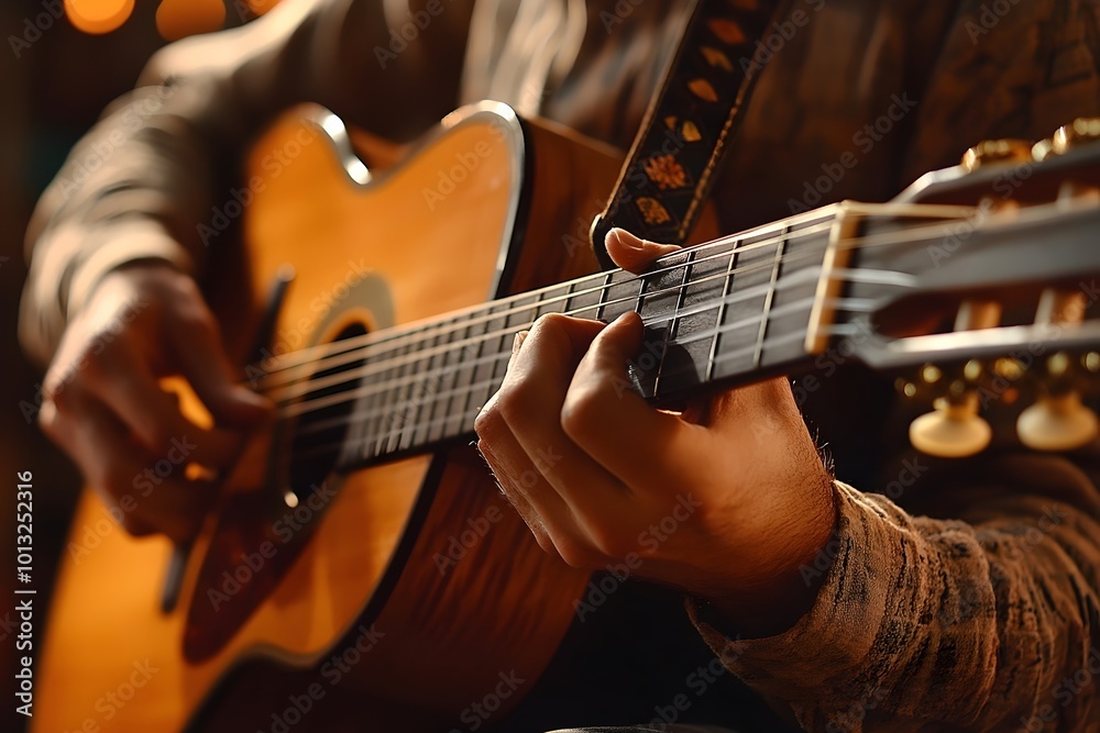 Fototapeta premium Close-up of a person's hands playing an acoustic guitar, the warm glow of the lights reflecting on the instrument's finish.