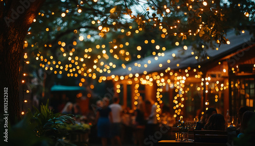 String up fairy lights in an outdoor space and photograph people interacting with them at dusk, using the twinkling lights to create a soft, magical glow