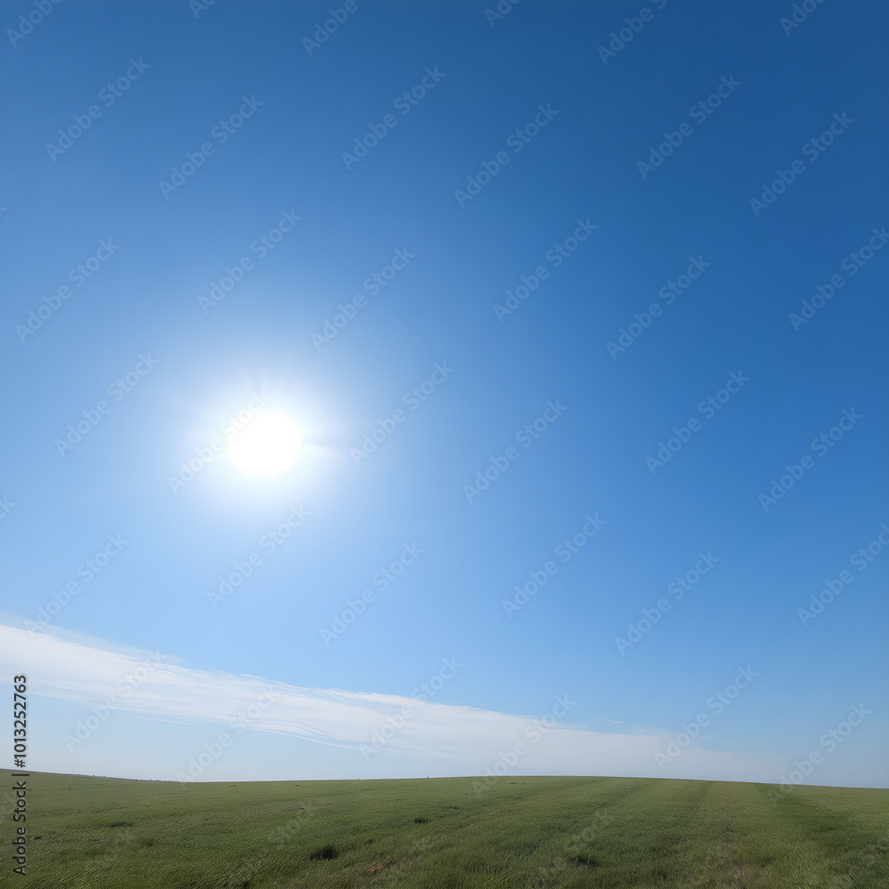 A bright, sunny sky with deep blue tones and the sun high in the sky, casting soft light across a pristine landscape A bright, sunny sky with deep blue tones and the sun high in the sky, casting soft light across a pristine landscape