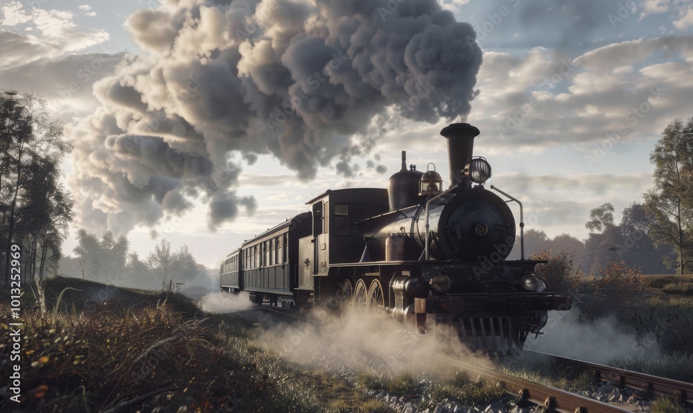 Fototapeta premium Classic steam engine puffing smoke on rural tracks, 4K hyperrealistic photo