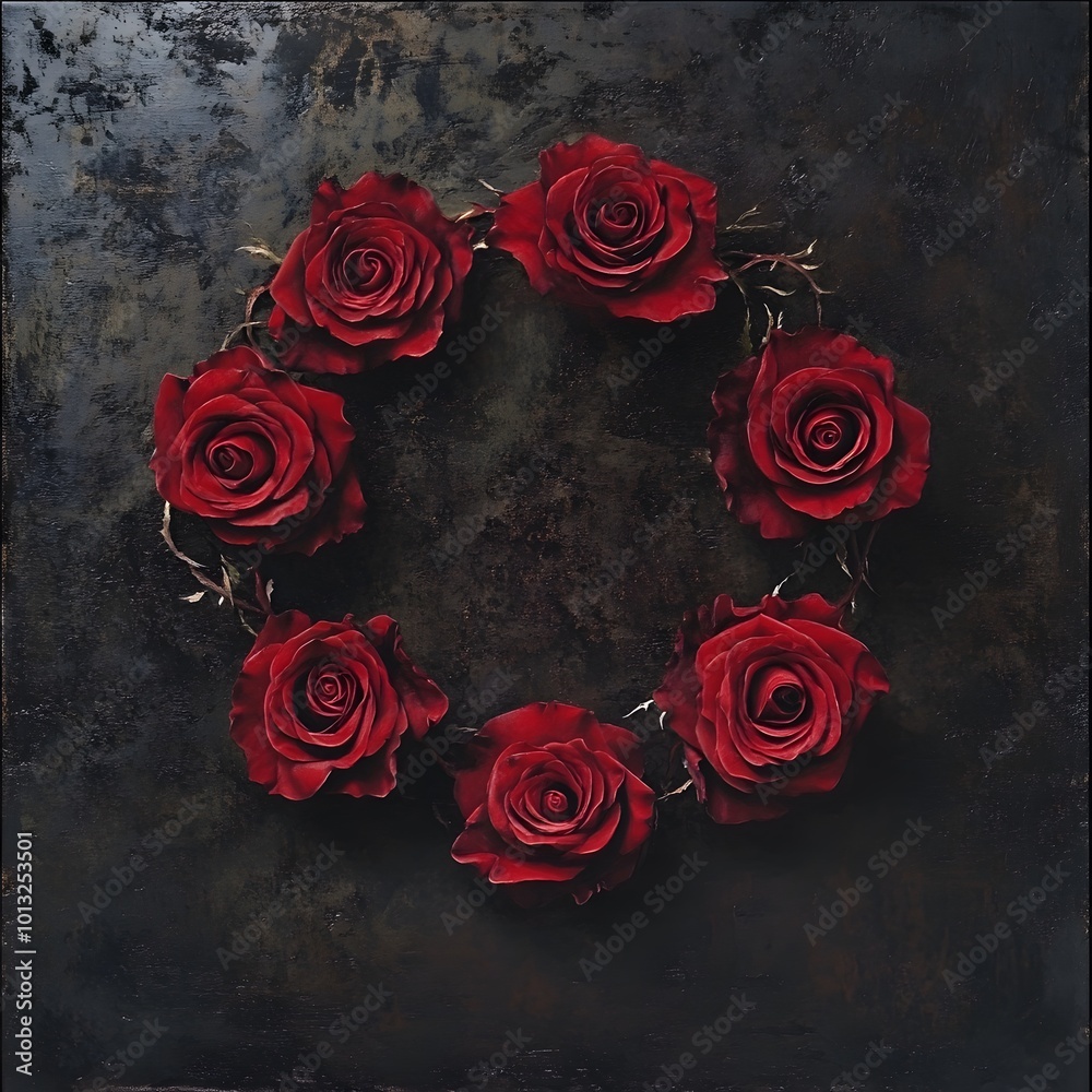 Vibrant red rose wreath on dark background Vibrant red rose wreath on dark background