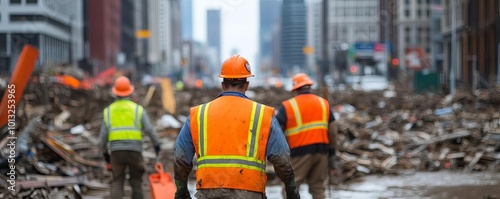 Workers removing flood debris from city streets, Flood Cleanup, Urban recovery