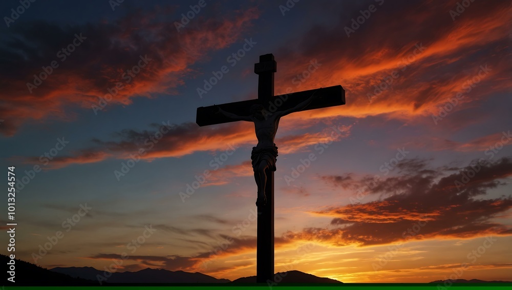 The silhouette of a crucifix appears against a vibrant mountain sunset, exuding serenity.