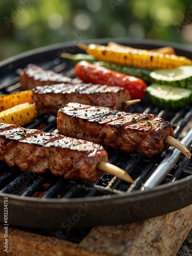 Thick meat strips grill in warm weather, creating a perfect outdoor cooking scene with mouth-watering aromas.