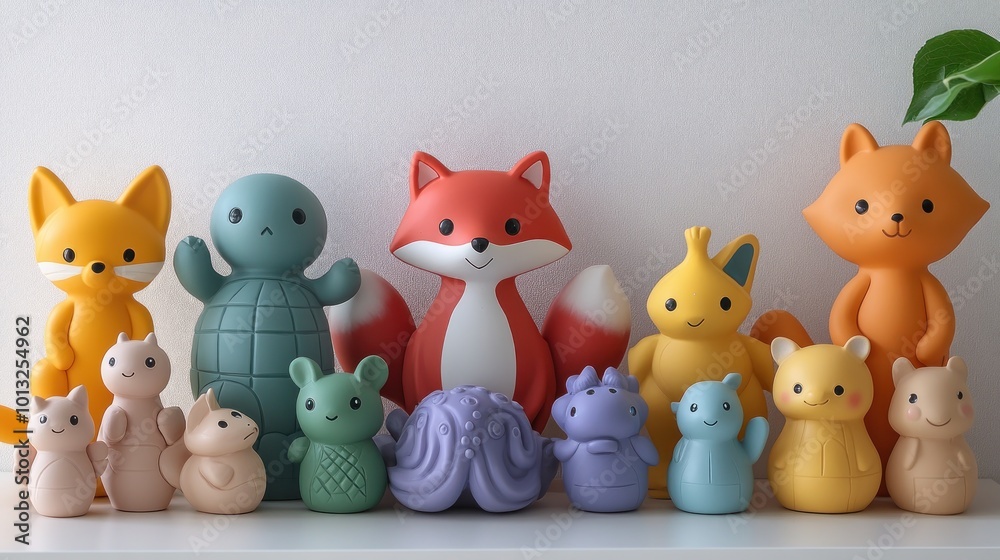 A colorful collection of cute animal figurines on a shelf. A colorful collection of cute animal figurines on a shelf.