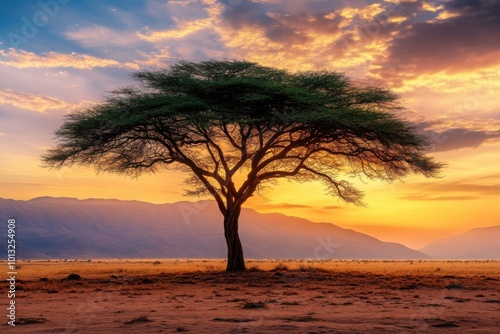 Majestic acacia tree at sunset on African plains