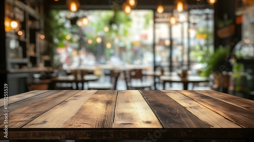 Empty Wooden Table in a Blurred Cafe