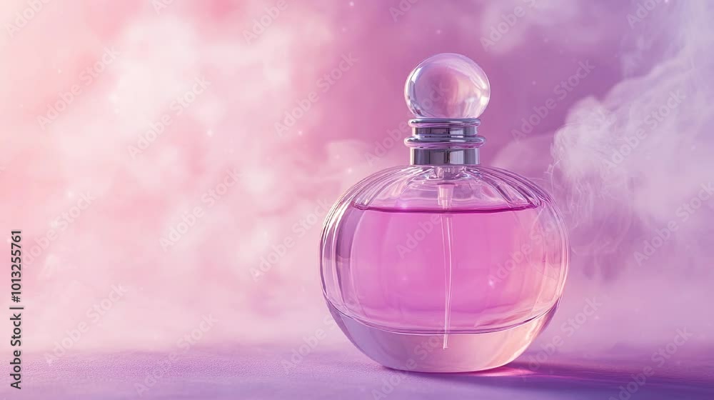 Pink perfume bottle in purple pastel background for advertisement, mockup product. Pink perfume bottle in purple pastel background for advertisement, mockup product.