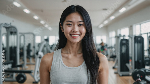 Young beautiful Asian fitness trainer in the studio gym photo