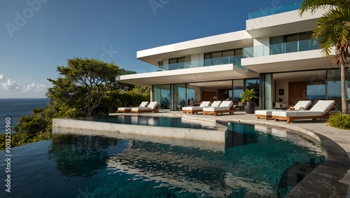 This contemporary villa showcases an infinity pool with ocean views, highlighted by sleek design and inviting outdoor spaces.