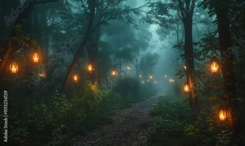 Lanterns lighting up a misty forest path, 4K hyperrealistic photo