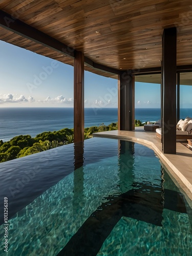 This luxurious villa boasts an infinity pool with sweeping ocean views, designed with modern architecture in picturesque landscapes.