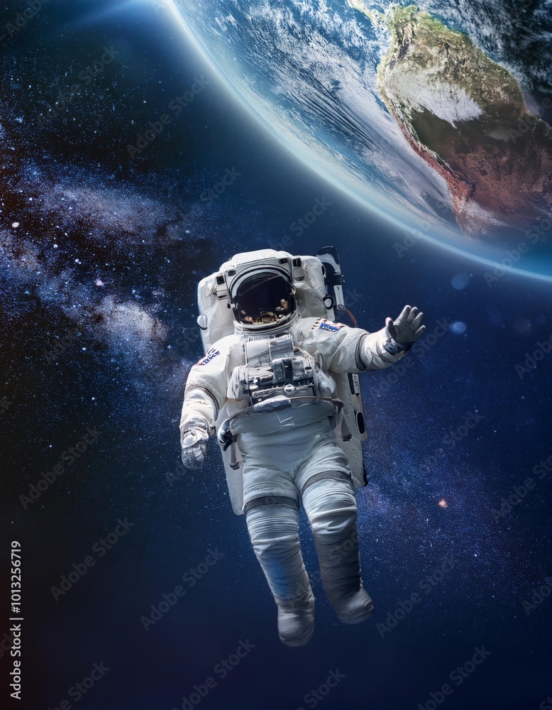 Fototapeta premium Astronaut Floating in Space with Earth in the Background and a Field of Stars