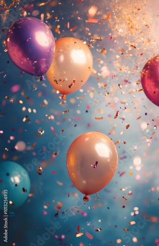 Colorful balloons float in air amidst shower of confetti, creating festive and joyful atmosphere perfect for celebrations. vibrant colors and sparkling confetti evoke sense of happiness and excitement