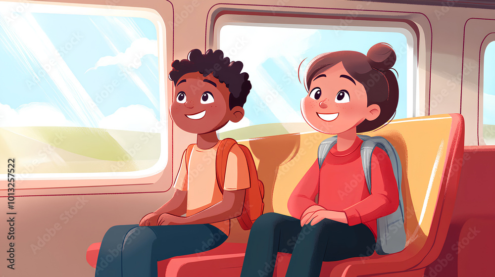 Two happy siblings are smiling while looking out the train window during a journey Two happy siblings are smiling while looking out the train window during a journey