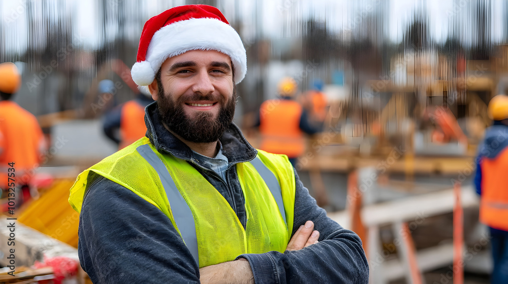 Obraz premium cheerful construction worker wearing Santa hat and safety vest stands confidently at construction site, embodying festive spirit amidst busy environment