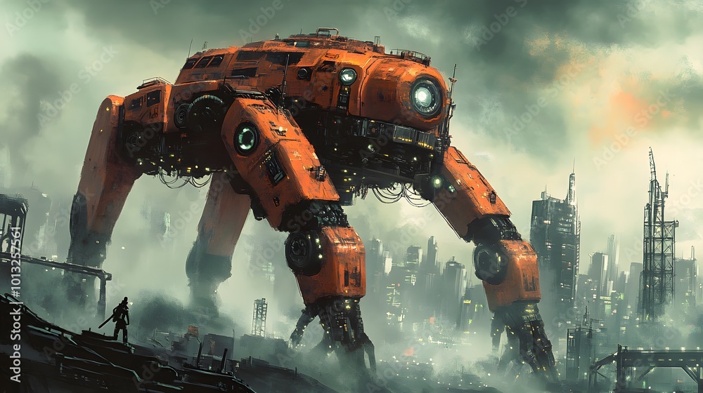 Futuristic mech robot in a dystopian city landscape Futuristic mech robot in a dystopian city landscape