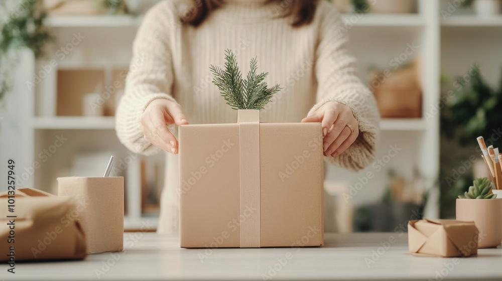 Fototapeta premium A person is wrapping gift with natural elements, showcasing cozy and festive atmosphere. scene features beautifully wrapped present adorned with small plant, perfect for holiday celebrations