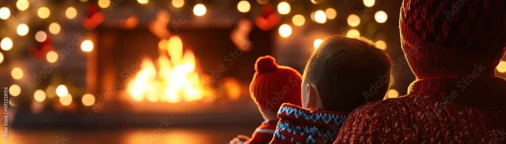Cozy evening by fireplace, child and adult enjoying warmth of fire and festive lights. scene captures essence of holiday spirit and togetherness Cozy evening by fireplace, child and adult enjoying warmth of fire and festive lights. scene captures essence of holiday spirit and togetherness